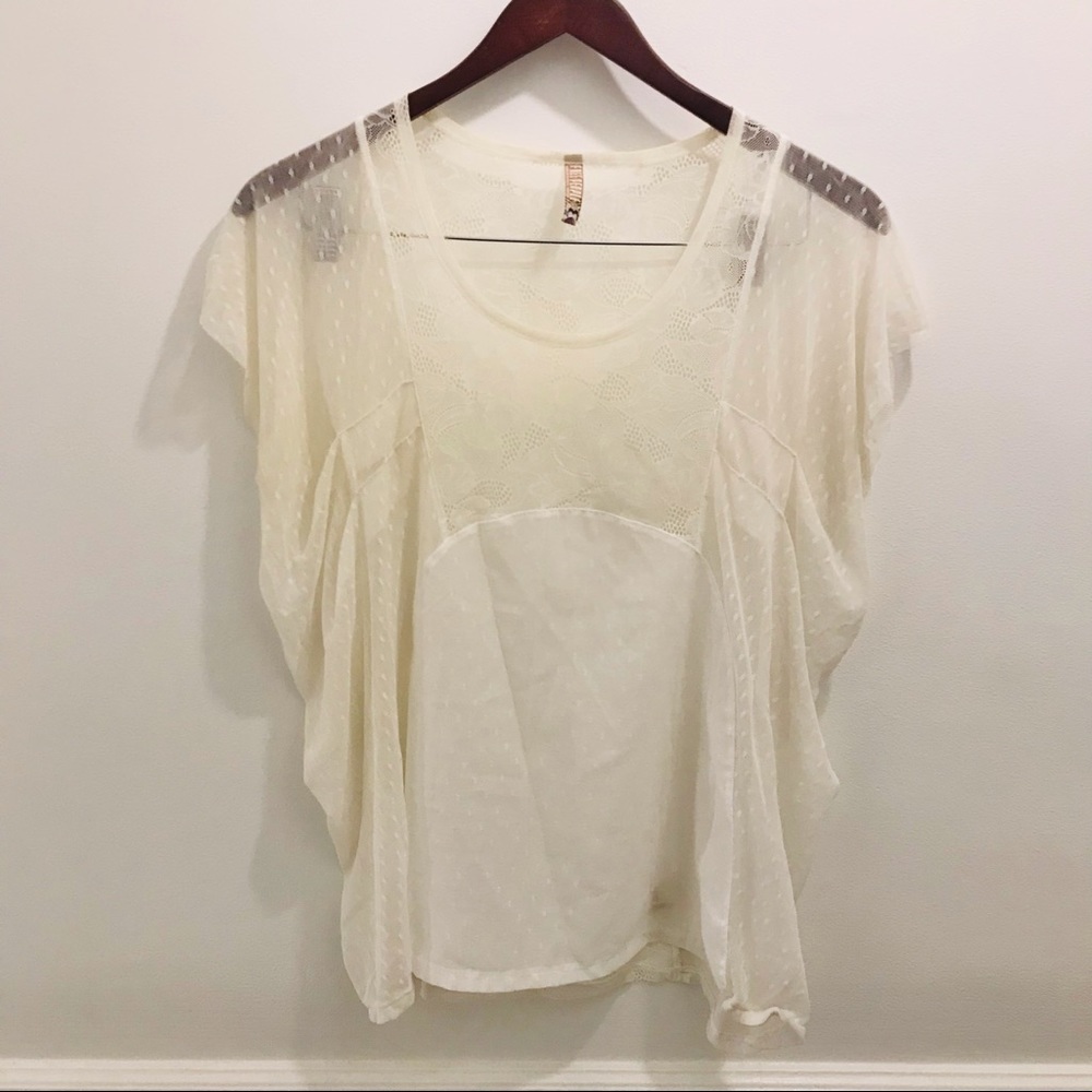 Free People Sheer Lace Top XS cream boxy loose flowy